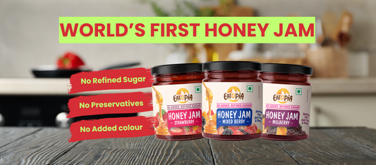Eatopia honey jam, jam no sugar, preservative free jam, no added colour jam, clean label jam, honey sweetened jam, real fruit spread