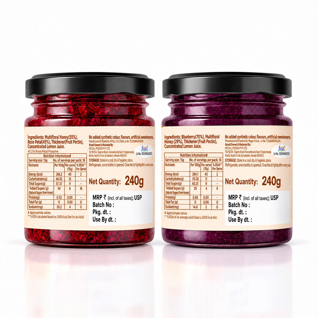Honey Gulkand+ Blueberry Honey Jam (Combo) | No refined sugar, No added preservatives