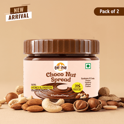 Eatopia Choco Nut Spread 180 g [Pack Of 2] | 20% Protein | No Refined Sugar | 56% Nuts, Sweetened with Honey & Jaggery