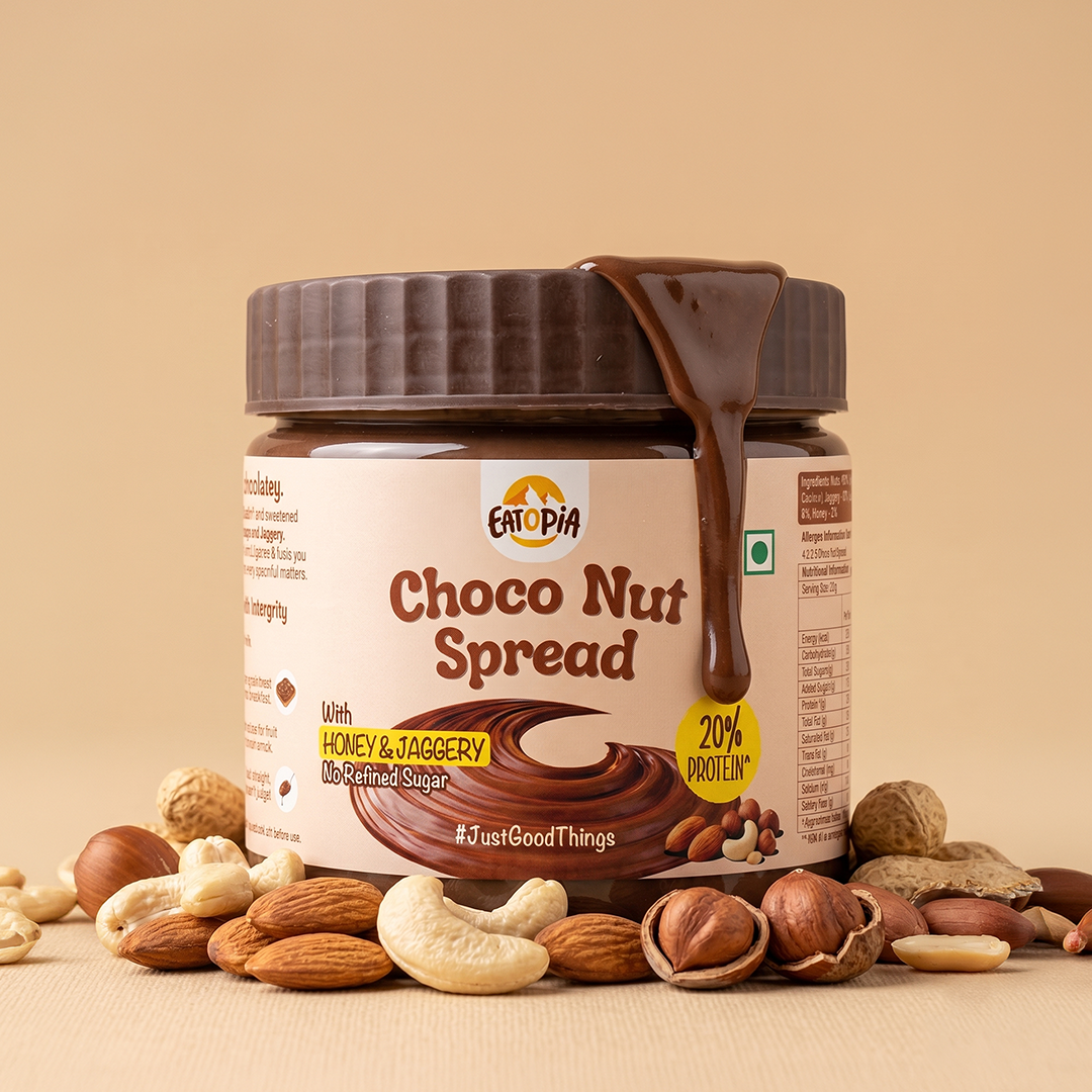 Eatopia Choco Nut Spread | 20% Protein | No Refined Sugar | 56% Nuts, Sweetened with Honey & Jaggery | Healthy Chocolate Spread