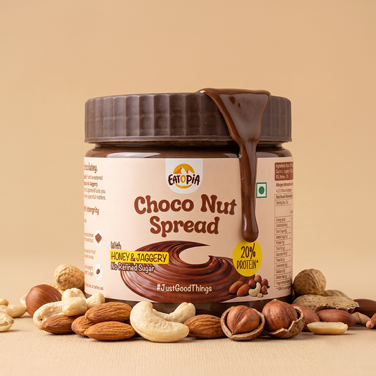 Eatopia Choco Nut Spread | No Refined Sugar | 56% Nuts - Hazelnut, Almond, Cashew, Peanut | With Honey & Jaggery | 20% Protein | Healthy Chocolate Spread