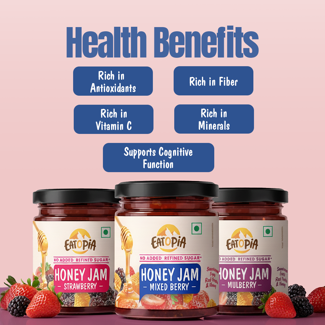 Assorted Pack of 3 Honey Jam | Mixedberry + Strawberry + Mulberry | No refined sugar, No added preservatives