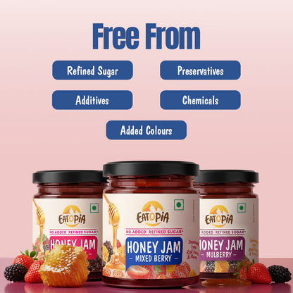 Assorted Pack of 3 Honey Jam | Mixedberry + Strawberry + Mulberry | No refined sugar, No added preservatives