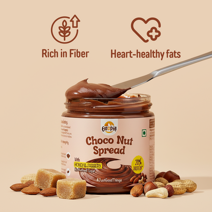 Eatopia Choco Nut Spread | 20% Protein | No Refined Sugar | 56% Nuts, Sweetened with Honey & Jaggery | Healthy Chocolate Spread