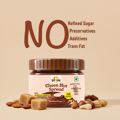 Eatopia Choco Nut Spread 180 g [Pack Of 2] | 20% Protein | No Refined Sugar | 56% Nuts, Sweetened with Honey & Jaggery