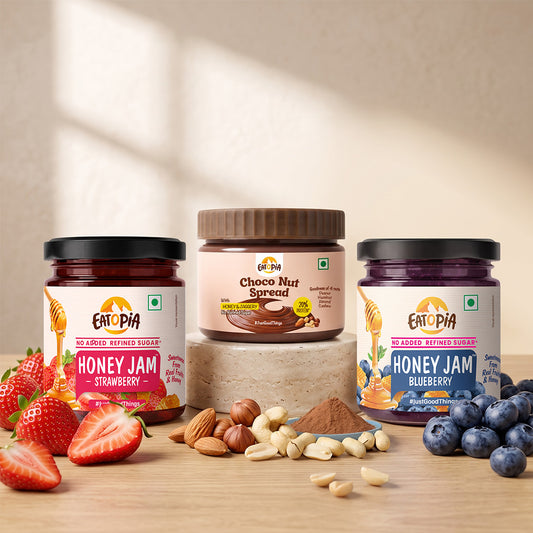 Assorted Pack of 3 | Choco Nut Spread + Strawberry Honey Jam + Blueberry Honey Jam (180g+240g+240g)| No refined sugar, No added preservatives