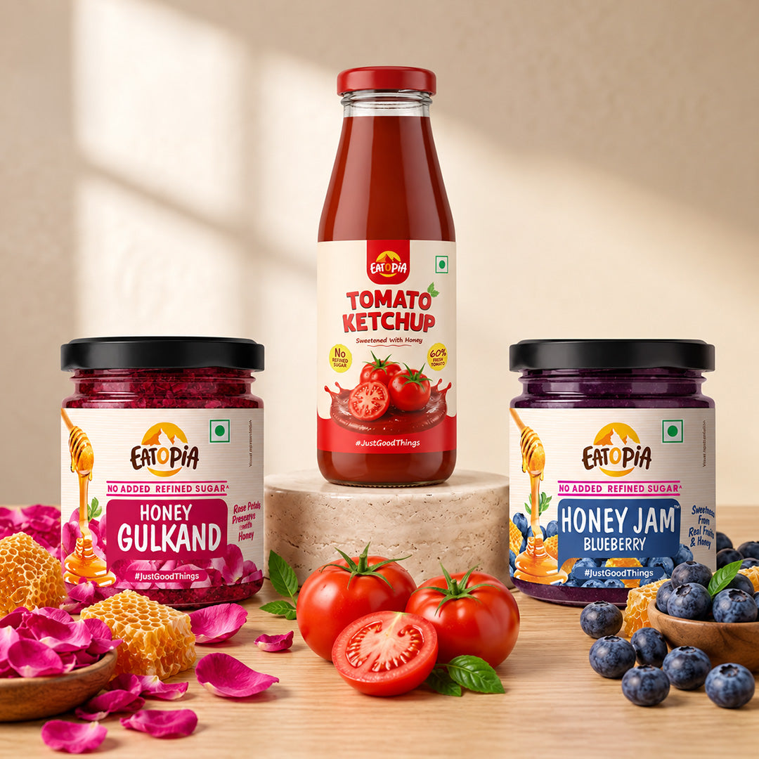Assorted Pack of 3 | Tomato Ketchup + Blueberry Honey Jam + Honey Gulkand (220g+240g+240g)| No refined sugar, No added preservatives