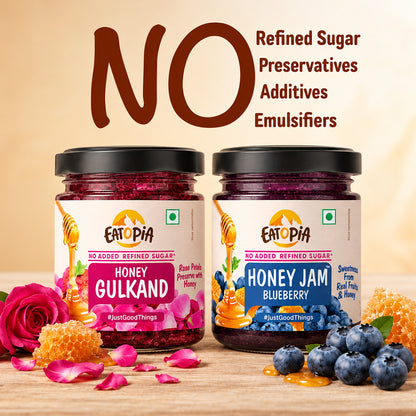 Honey Gulkand+ Blueberry Honey Jam (Combo) | No refined sugar, No added preservatives