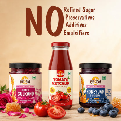 Assorted Pack of 3 | Tomato Ketchup + Blueberry Honey Jam + Honey Gulkand (220g+240g+240g)| No refined sugar, No added preservatives