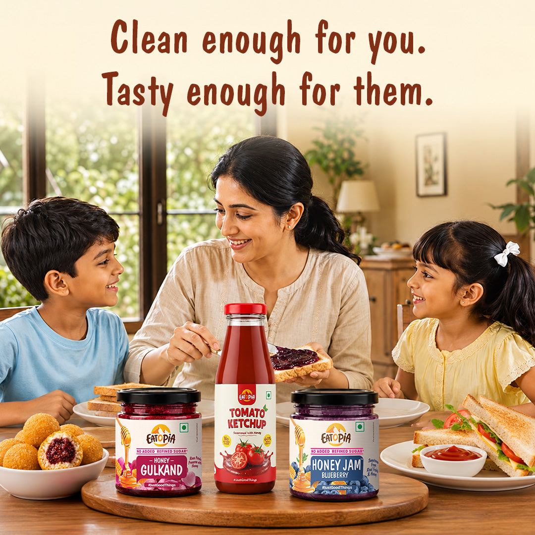 Assorted Pack of 3 | Tomato Ketchup + Blueberry Honey Jam + Honey Gulkand (220g+240g+240g)| No refined sugar, No added preservatives