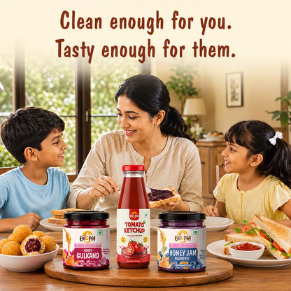 Assorted Pack of 3 | Tomato Ketchup + Blueberry Honey Jam + Honey Gulkand (220g+240g+240g)| No refined sugar, No added preservatives