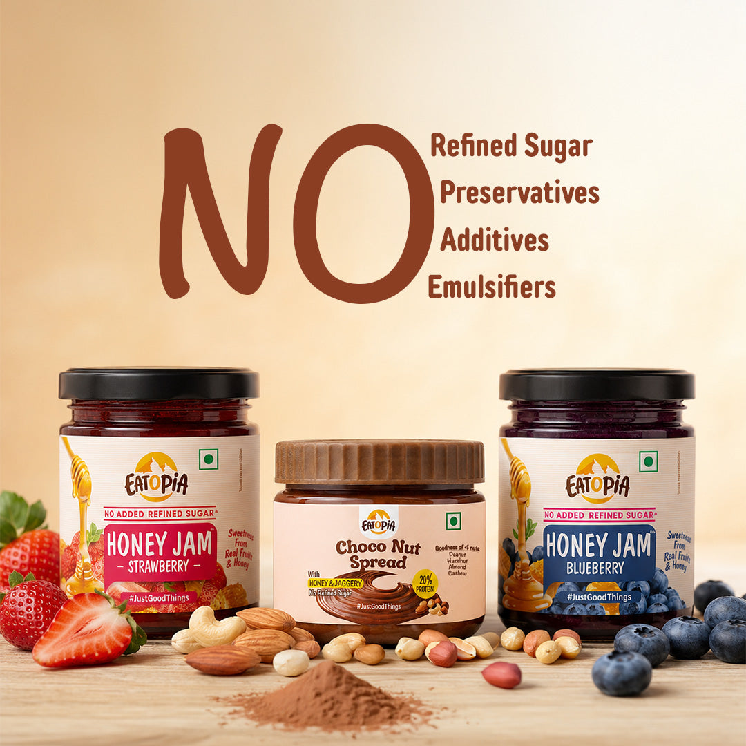 Assorted Pack of 3 | Choco Nut Spread + Strawberry Honey Jam + Blueberry Honey Jam (180g+240g+240g)| No refined sugar, No added preservatives