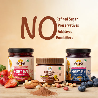 Assorted Pack of 3 | Choco Nut Spread + Strawberry Honey Jam + Blueberry Honey Jam (180g+240g+240g)| No refined sugar, No added preservatives