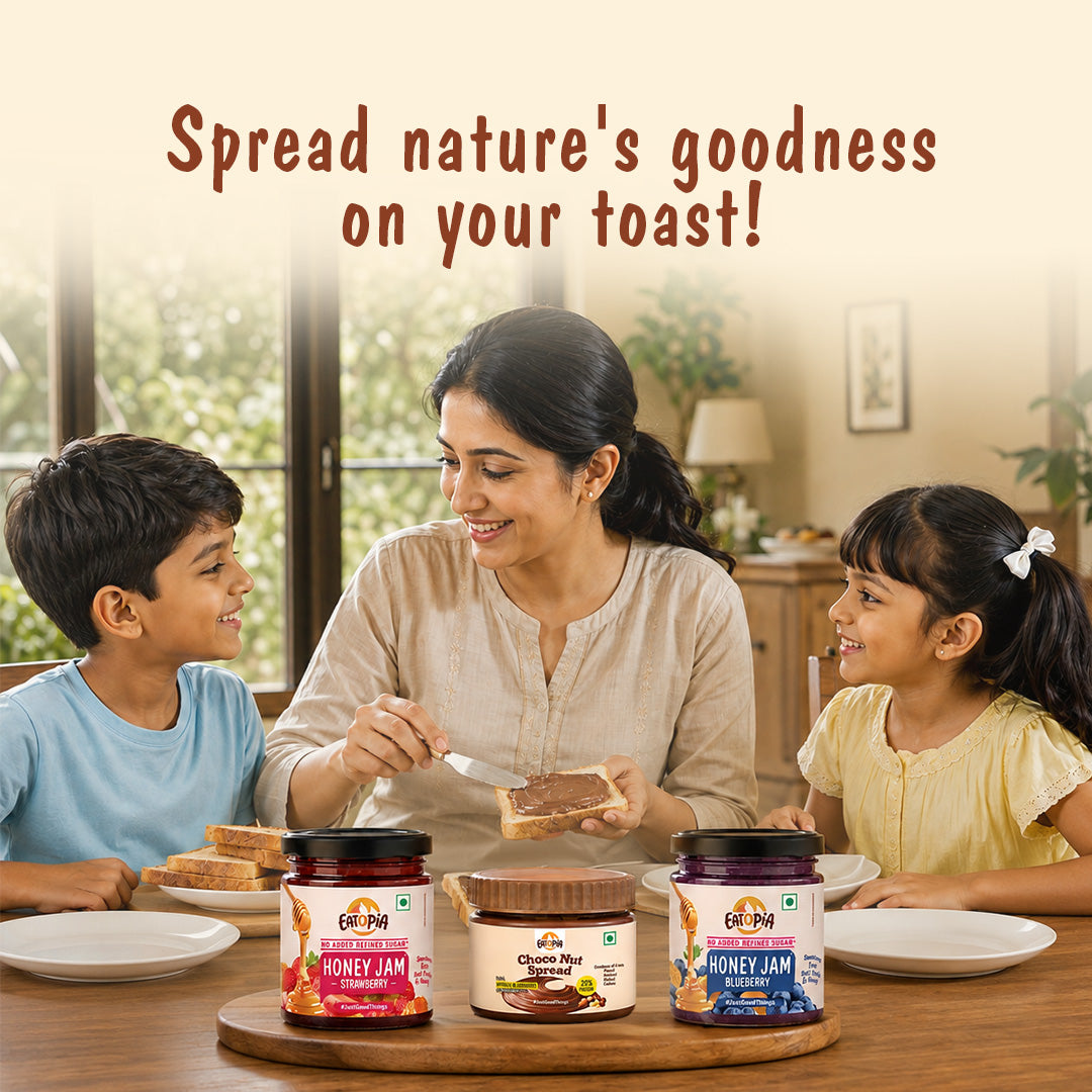 Assorted Pack of 3 | Choco Nut Spread + Strawberry Honey Jam + Blueberry Honey Jam (180g+240g+240g)| No refined sugar, No added preservatives