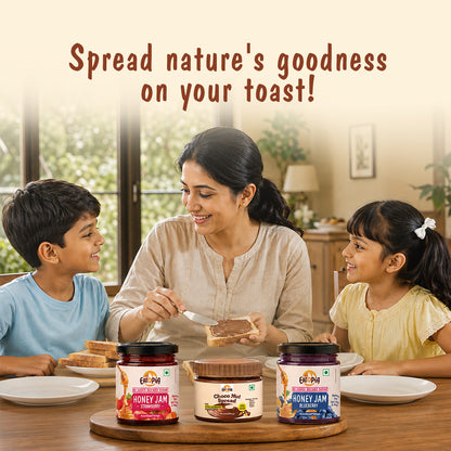 Assorted Pack of 3 | Choco Nut Spread + Strawberry Honey Jam + Blueberry Honey Jam (180g+240g+240g)| No refined sugar, No added preservatives