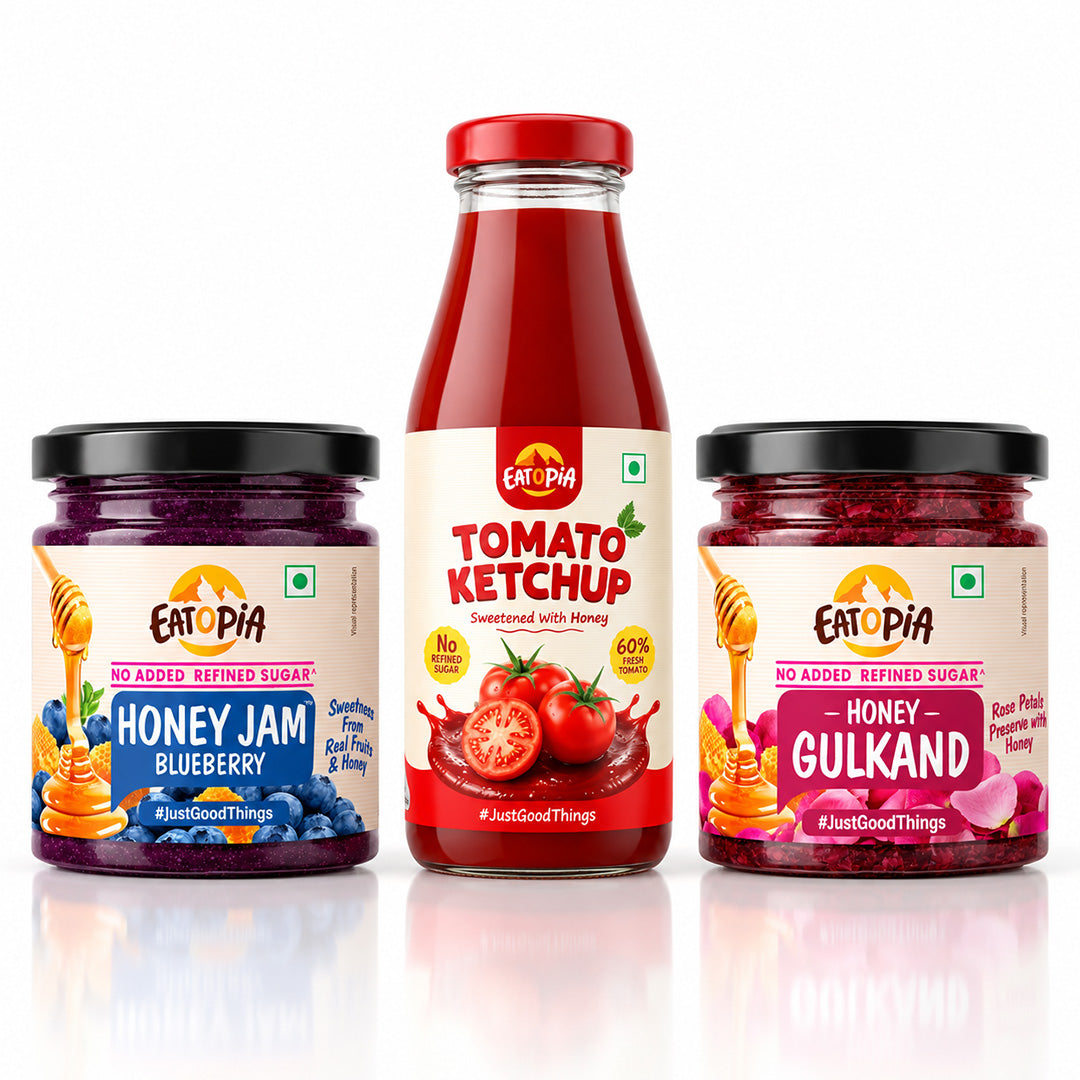 Assorted Pack of 3 | Tomato Ketchup + Blueberry Honey Jam + Honey Gulkand (220g+240g+240g)| No refined sugar, No added preservatives