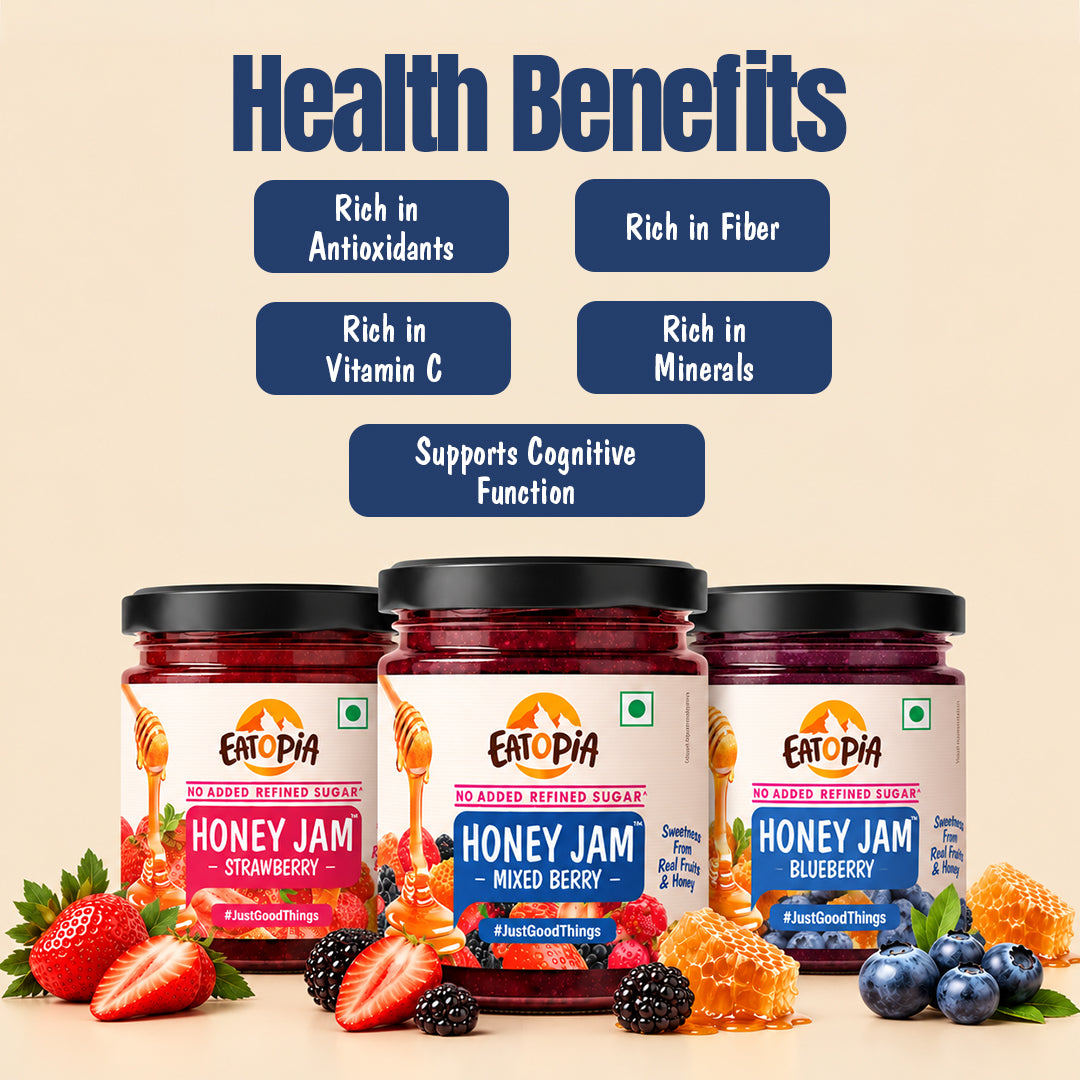 Assorted Pack of 3 | Blueberry Honey Jam + Mixed Berry Honey Jam + Strawberry Honey Jam (240g+240g+240g)| No refined sugar, No added preservatives