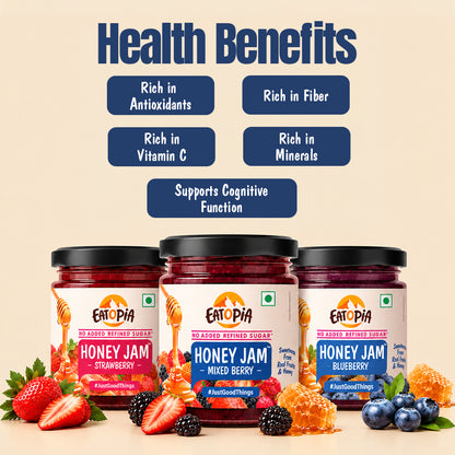 Assorted Pack of 3 | Blueberry Honey Jam + Mixed Berry Honey Jam + Strawberry Honey Jam (240g+240g+240g)| No refined sugar, No added preservatives