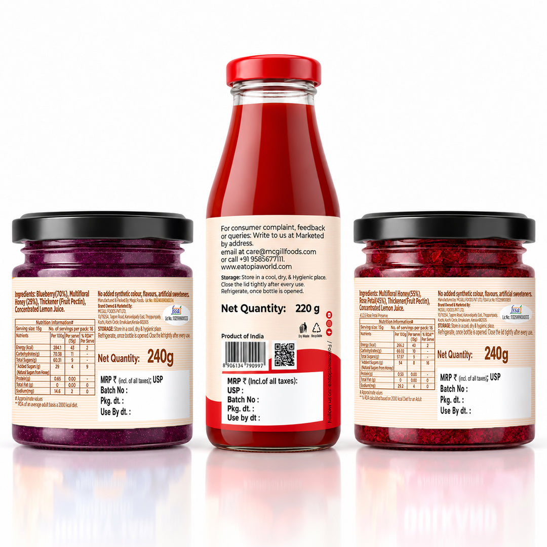 Assorted Pack of 3 | Tomato Ketchup + Blueberry Honey Jam + Honey Gulkand (220g+240g+240g)| No refined sugar, No added preservatives