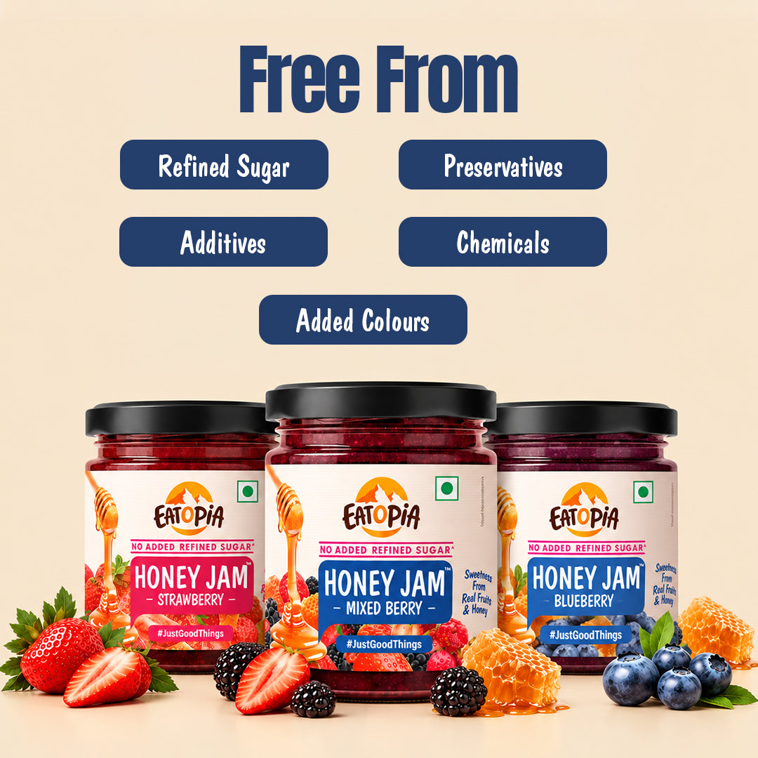 Assorted Pack of 3 | Blueberry Honey Jam + Mixed Berry Honey Jam + Strawberry Honey Jam (240g+240g+240g)| No refined sugar, No added preservatives