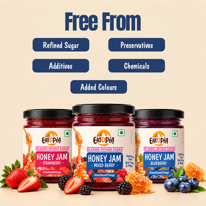 Assorted Pack of 3 | Blueberry Honey Jam + Mixed Berry Honey Jam + Strawberry Honey Jam (240g+240g+240g)| No refined sugar, No added preservatives
