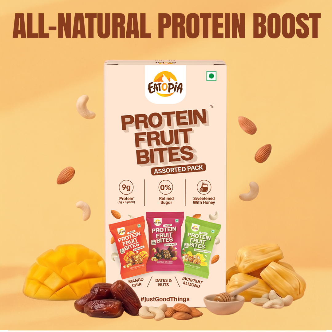 Assorted Pack of 3 Protein Fruit Bites - Dates & Nuts, Mango Chia & Jackfruit Almond (3 Units x 3 Packs)