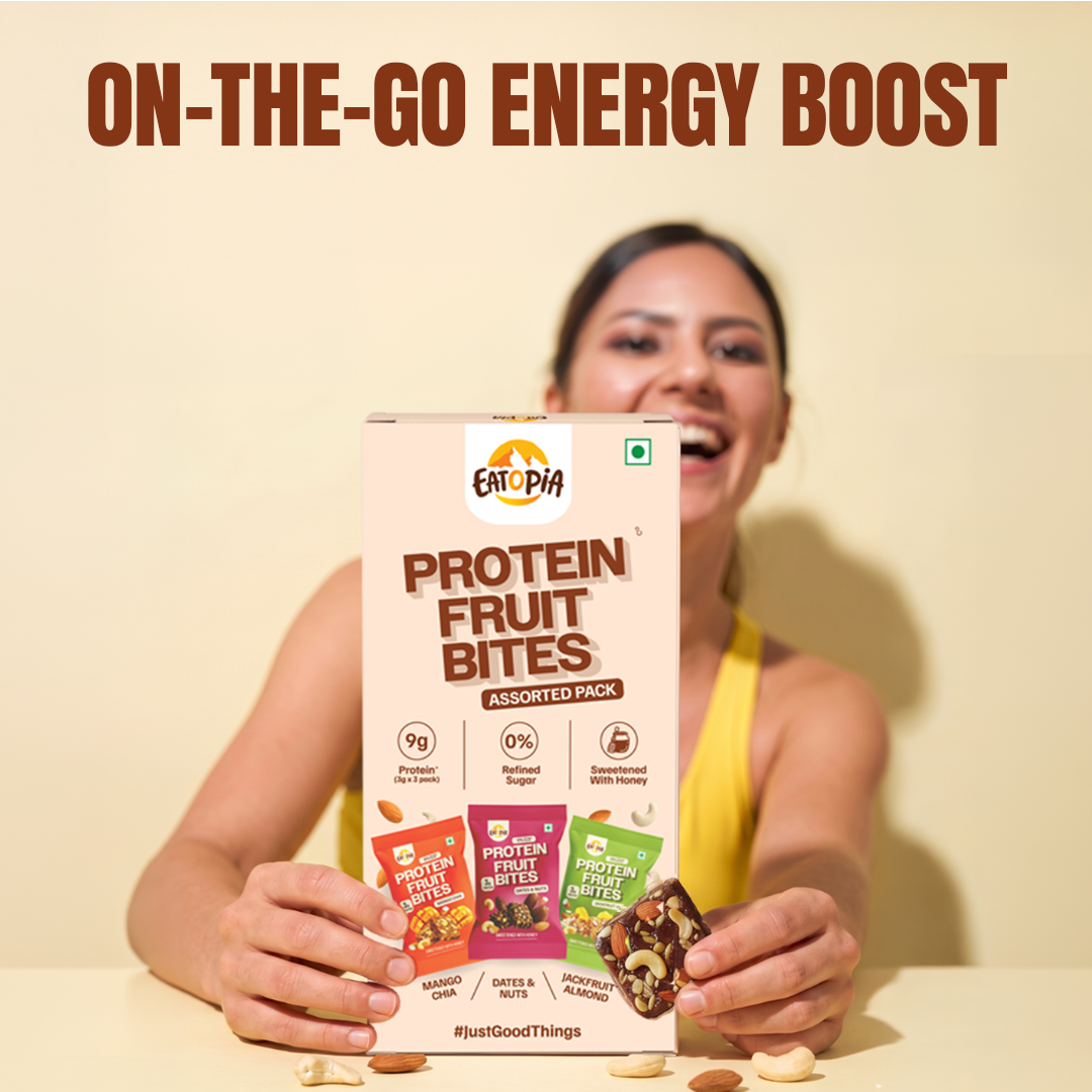 Assorted Pack of 3 Protein Fruit Bites - Dates & Nuts, Mango Chia & Jackfruit Almond (3 Units x 3 Packs)