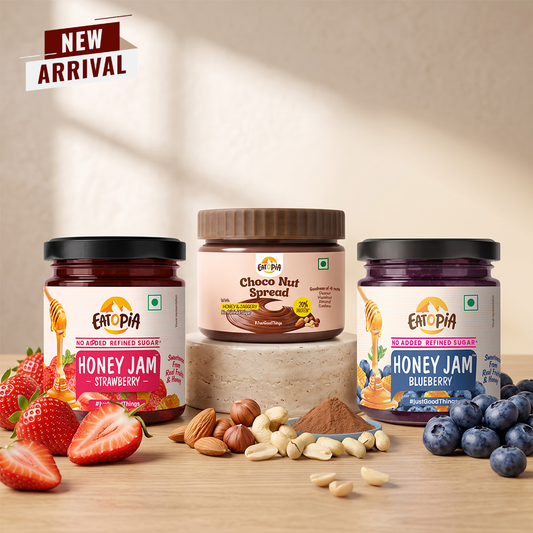 Assorted Pack of 3 | Choco Nut Spread + Strawberry Honey Jam + Blueberry Honey Jam (180g+240g+240g)| No refined sugar, No added preservatives