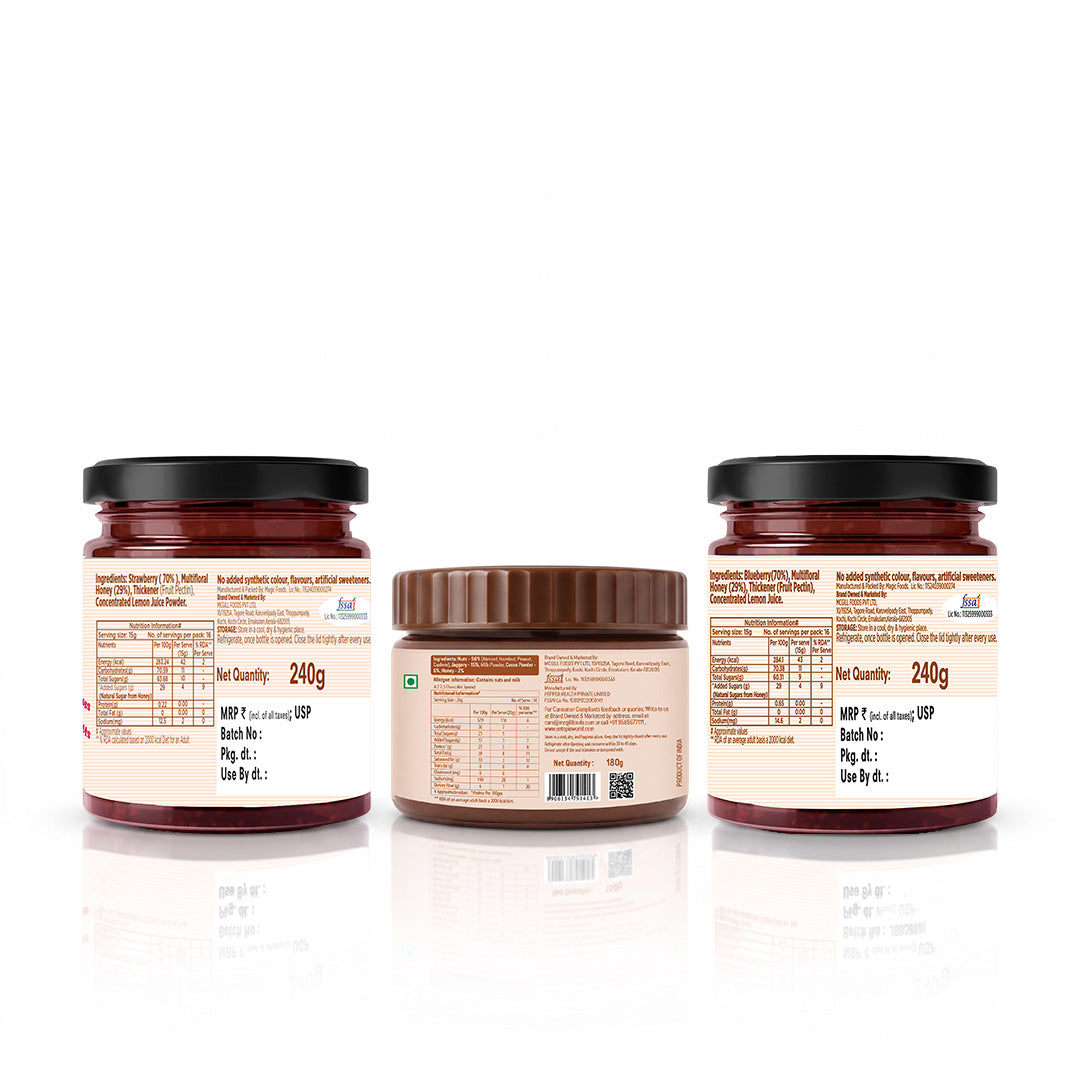 Assorted Pack of 3 | Choco Nut Spread + Strawberry Honey Jam + Blueberry Honey Jam (180g+240g+240g)| No refined sugar, No added preservatives