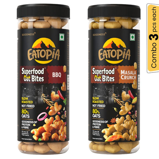 Healthy Oat Snacks, not fried diabetic friendly puffs : BBQ  + Masala crunch ( Combo of 6 jars )