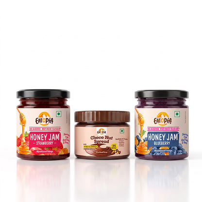 Assorted Pack of 3 | Choco Nut Spread + Strawberry Honey Jam + Blueberry Honey Jam (180g+240g+240g)| No refined sugar, No added preservatives