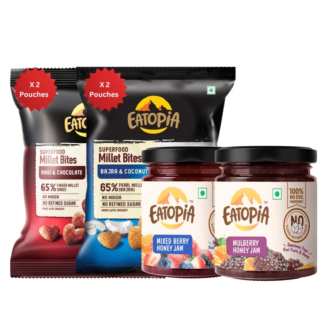 Eatopia Real fruit Honey jam | Mixed berry & Mulberry Honey jam | Millet Bites | Ragi chocolate & Bajra Coconut | -680g