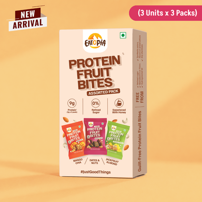 Assorted Pack of 3 Protein Fruit Bites - Dates & Nuts, Mango Chia & Jackfruit Almond (3 Units x 3 Packs)