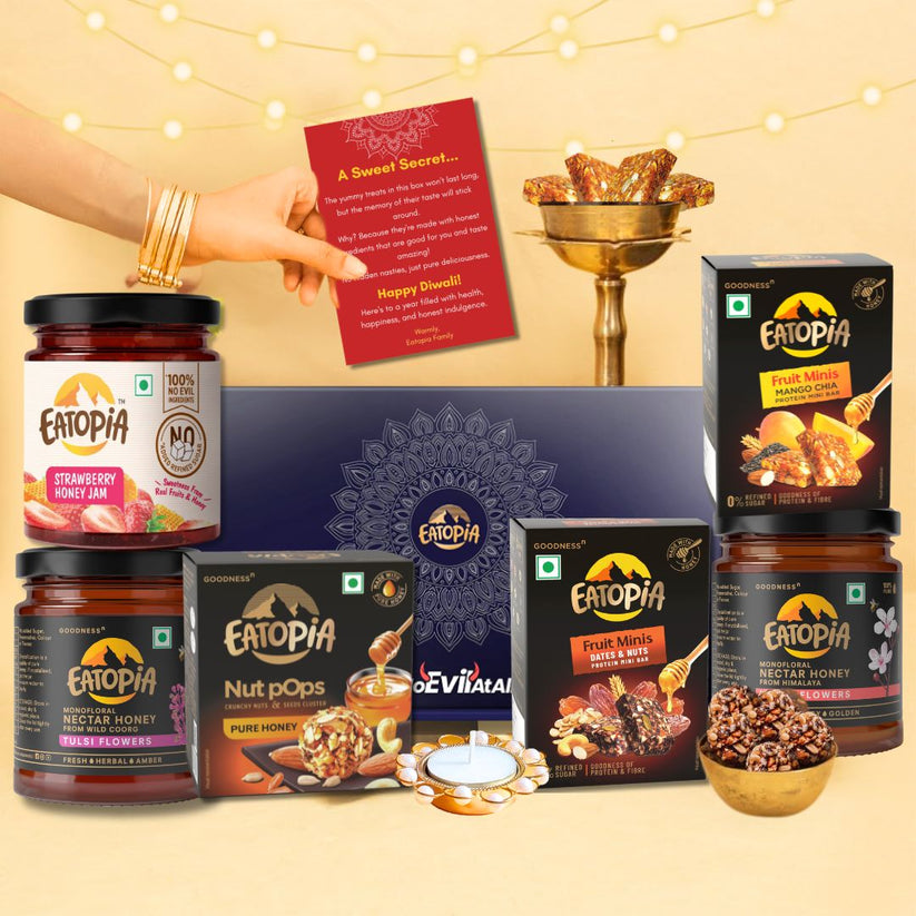 Eatopia 7 Item Diwali Gift Hamper 5 Nut Pops, Strawberry Jam, Fruit