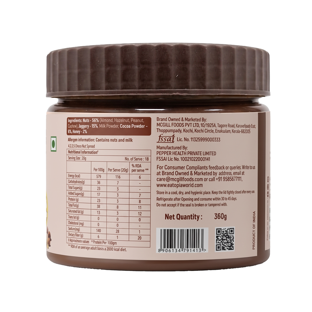 Eatopia Choco Nut Spread | 20% Protein | No Refined Sugar | 56% Nuts, Sweetened with Honey & Jaggery | Healthy Chocolate Spread
